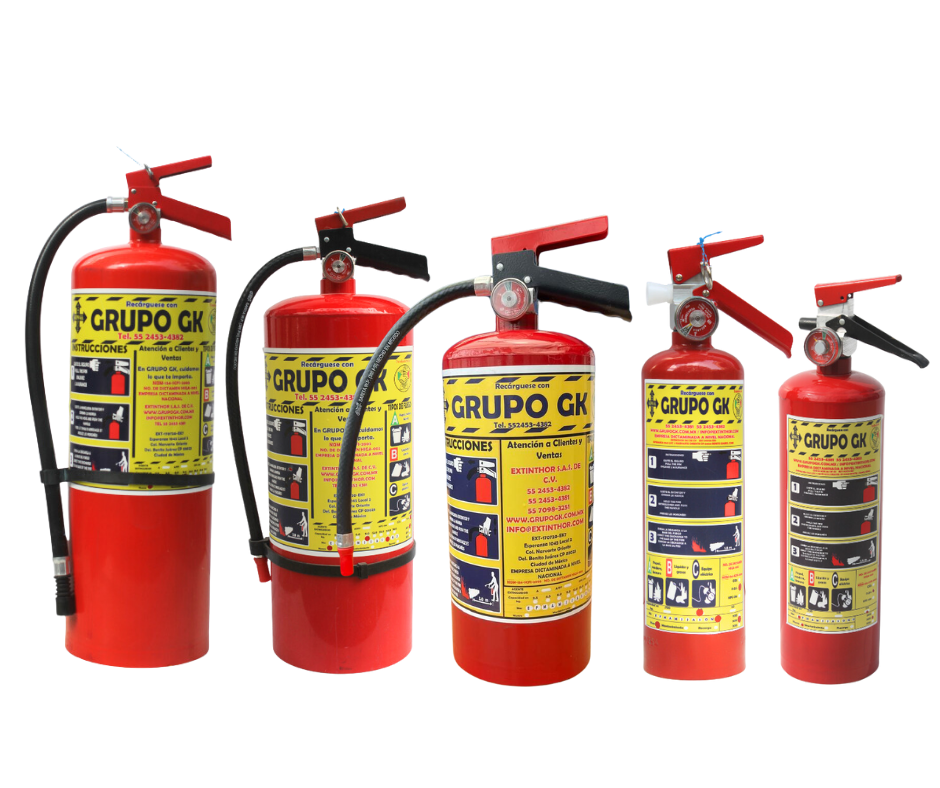 Extintores PQS de Grupo GK de Capacidades: 
1kg, 2.5kg, 4.5kg, 6kg, 9kg,12kg.
