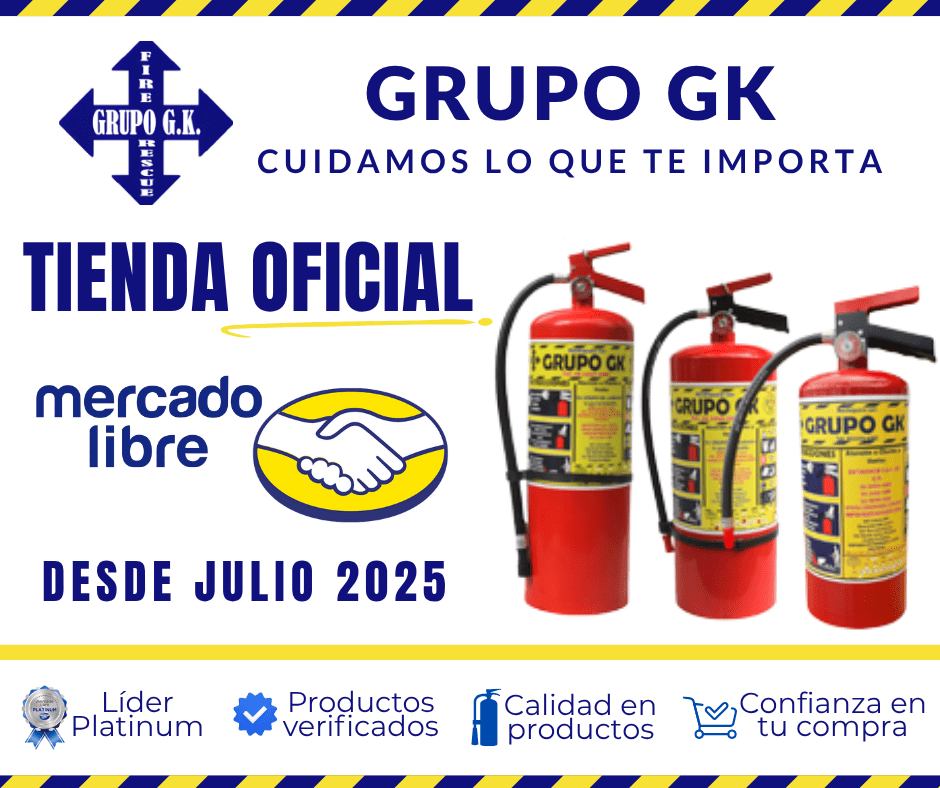 Grupo GK como tienda oficial en Mercado Libre, venta de extintores, equipo de seguridad y productos contra incendios